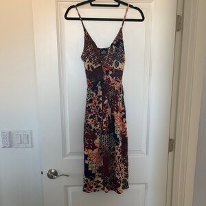 Angie Floral Patchwork Midi Dress in Red and Black